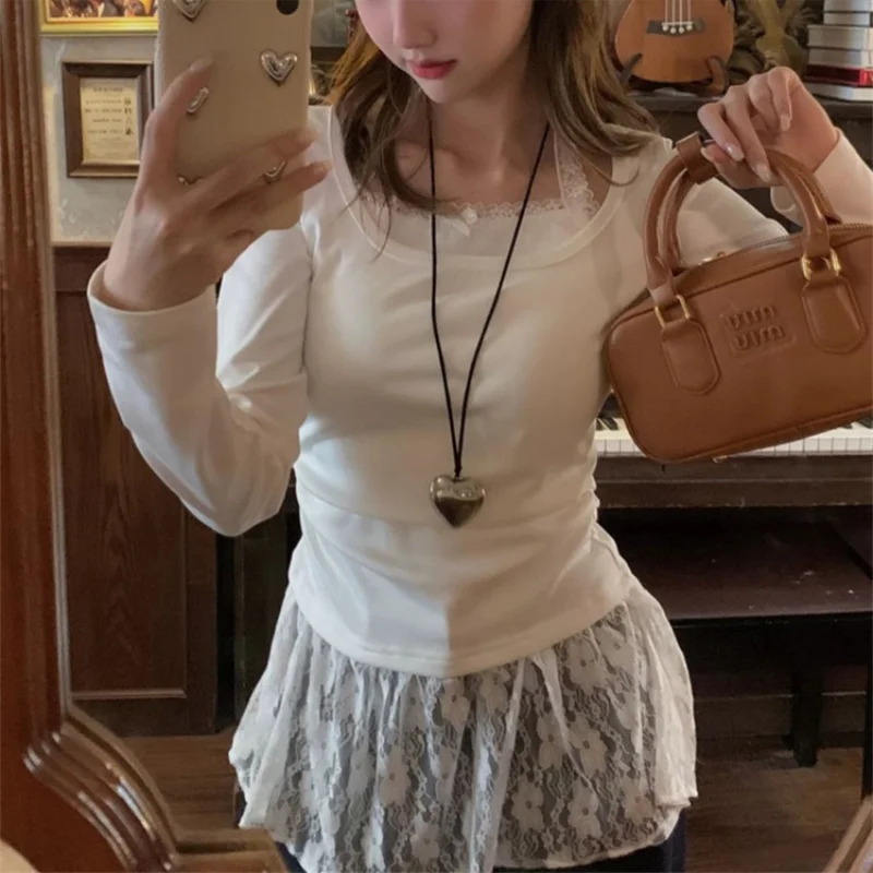 여성용 가을 겨울용 화이트 페이크 투피스 레이스 패치워크 긴팔 티셔츠 스위트 베이스 탑 한국 스타일