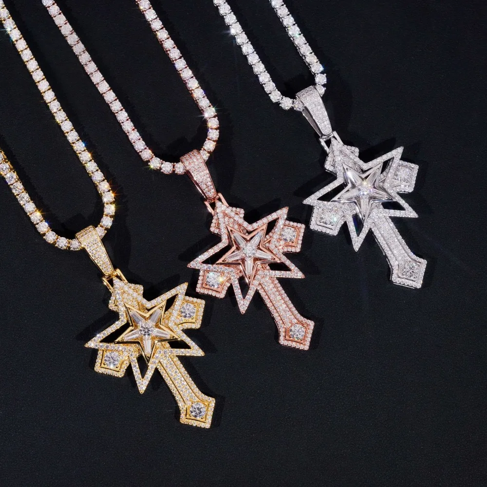 Hiphop Iced Out Moissanite Star Cross Pendant 925 Sterling Silver Plated Gold Jesus Mosan Diamond Pendant Pass Tester Wholesale