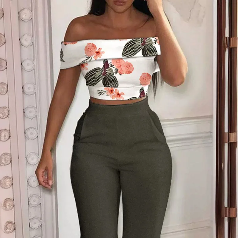 2022Printed Top Contrast Color Trousers Suit