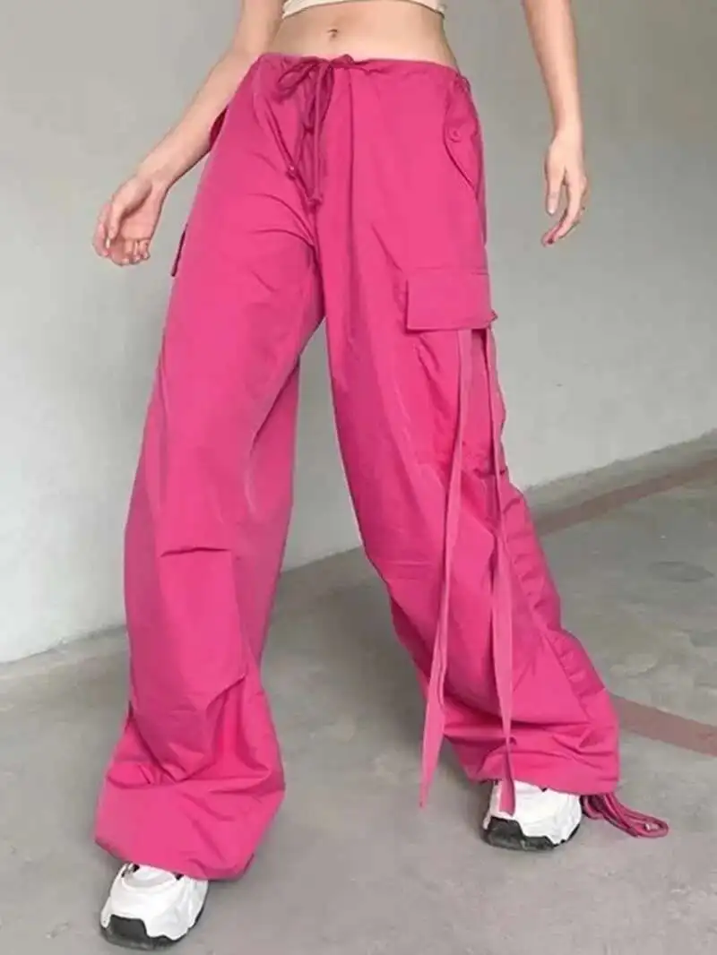 อเมริกันต่ําเอวหลวม Overalls ส่วนบุคคล Multi Slit กระเป๋ายืดหยุ่น Bound ฟุตเต้นรําสบายๆกางเกง Wei กางเกง 6ZTM