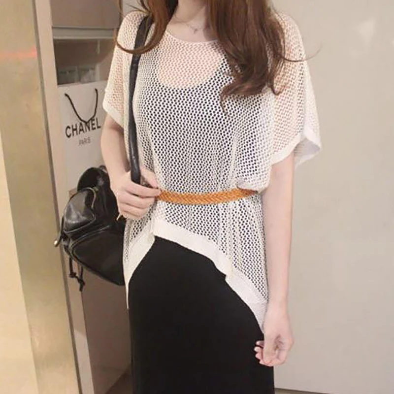 Fishnet Short Sleeve T-shirt Hollow-out Knitted Cover Up Women Irregular Overall