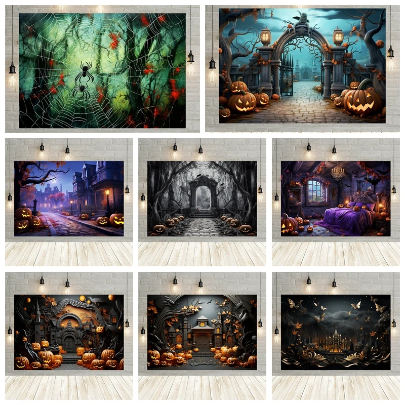 

AI Halloween Pumpkin Castle Backdrops For Photography Night Forest Jack-o-lantern Baby Photo Photographic Party Decor Background