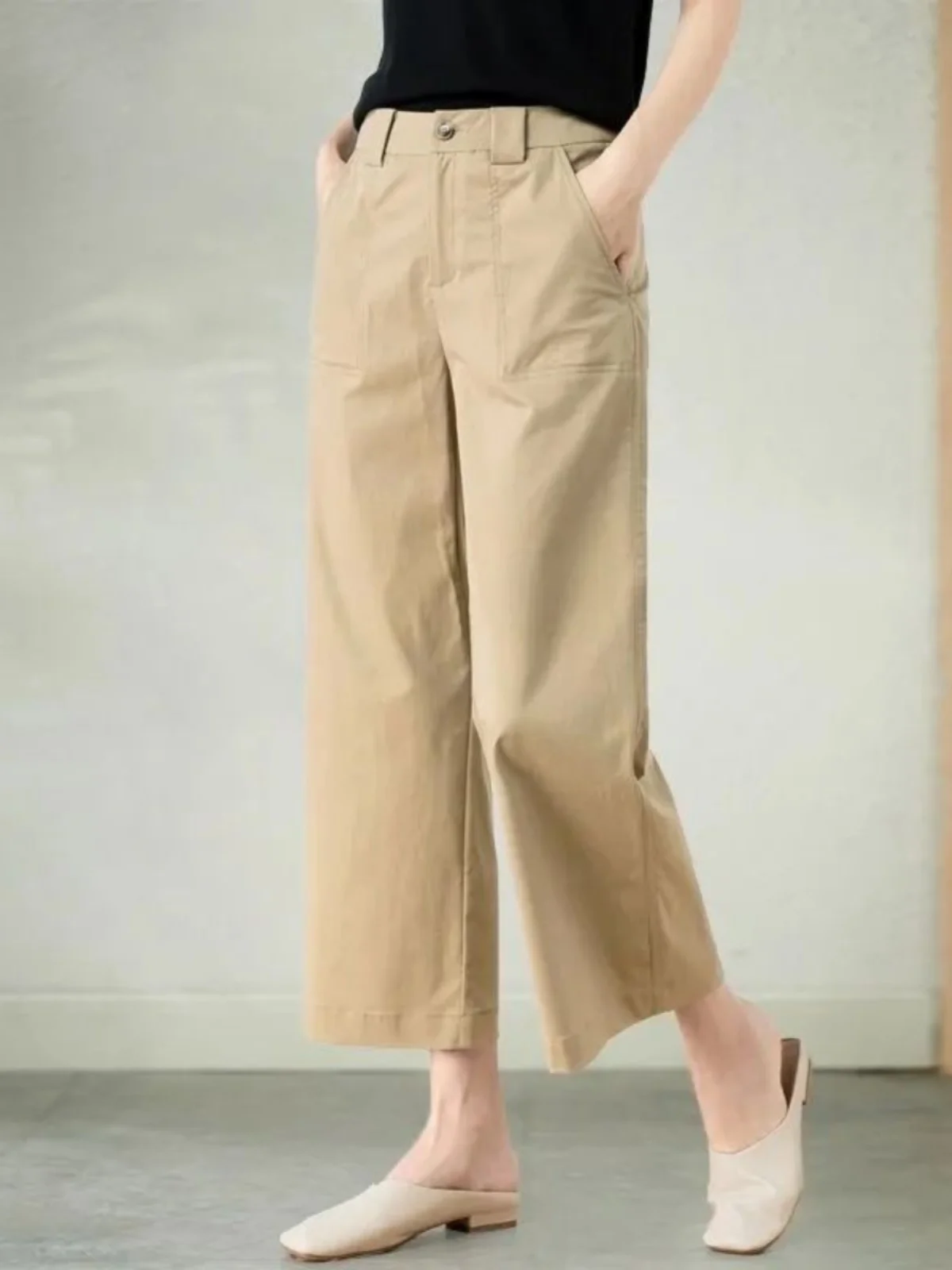 슬리밍 하이 웨이스트 와이드 레그 팬츠 9점 캐주얼 루즈 여성 여름 얇은 코튼 블렌드 스트레이트 컷 바지