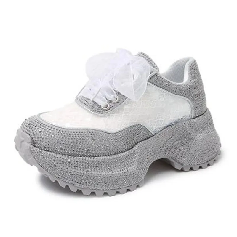 2025 أعلى جودة المرأة شبكة أحذية مشي المرأة الجديدة عادية سميكة وحيد حجر الراين تنفس لامعة الأب أحذية النساء أحذية رياضية #5