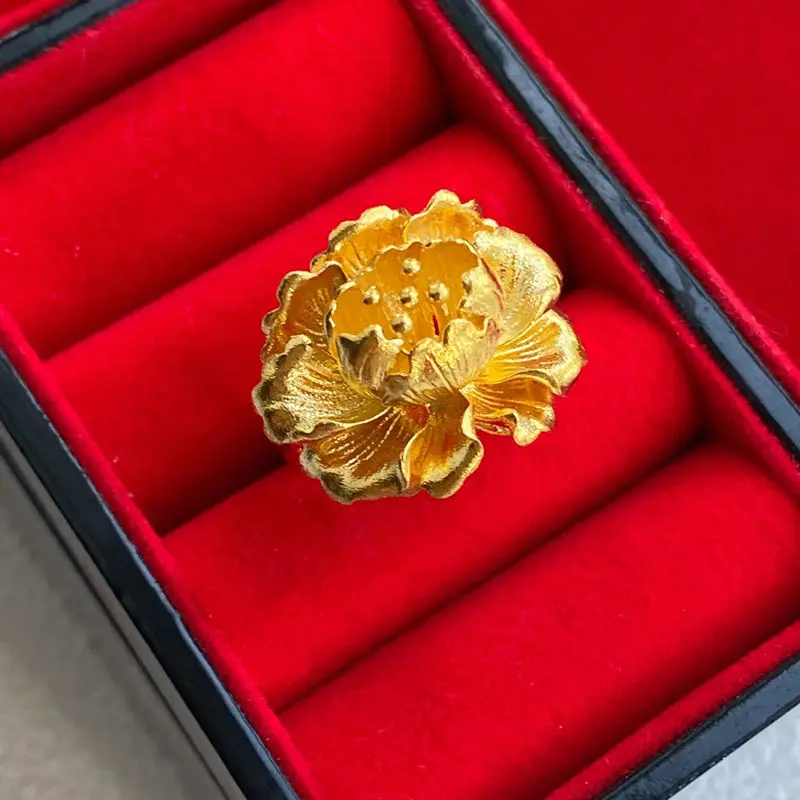 New Chinese Style Gold Color Peony Flower Ring Women\'s High End Luxury Banquet Jewelry Rings
