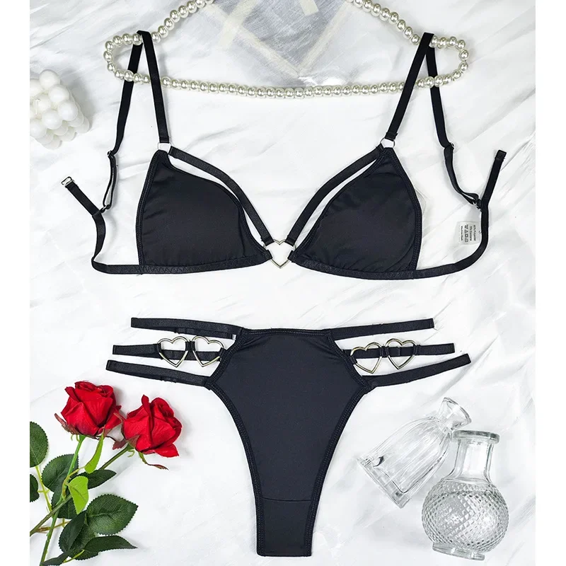 Fashion Sexy Heart-shaped Metallic Lingerie Set Women's Black Tight Fitting Three-point Style Erotic Split Apparel Underwear Bra