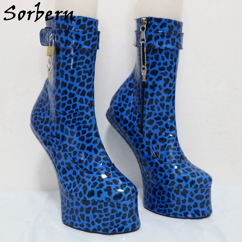 Sorbern Peacock Blue Leopard Ankle Boot With Locks Keys Heelless Ponyplay Heel Lockable Zipper Thick Platform Shoe Fetish Custom