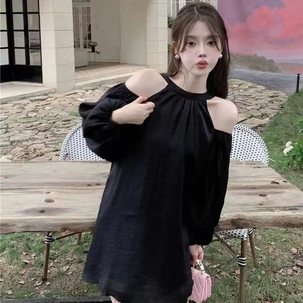 

Sweet Lantern Sleeve Off Shoulder Halter Dress Korean Style Elegant Halter Mini Dress Thin Beachwear A-line Short Skirt Women