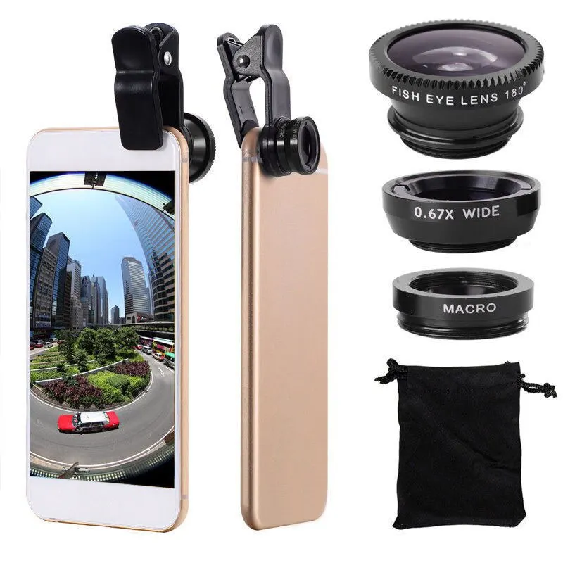 Fisheye-Objectif Partenaires grand angle portable, 3 en 1, clip d'objectif de caméra de téléphone portable, objectif externe Smartphone, accessoires Android