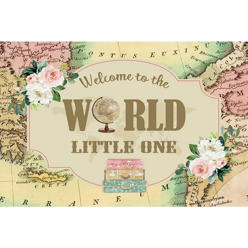 Avezano Hintergrund Fotografie Willkommen zu die Welt Abenteuer Reise Karte Baby 1st Geburtstag Party Hintergrund Foto Studio Decor