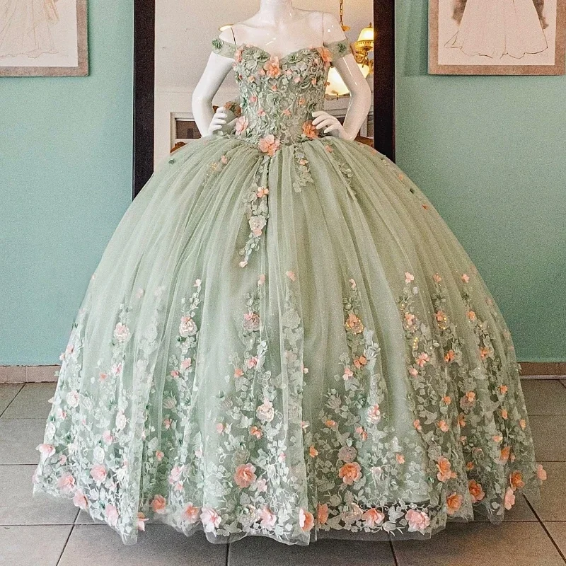 ANGELSBRIDEP 3D Flowers Sage Green Princess Quinceanera Dress Lace Applique Beading Tull Sweet 16 Vestido 15 De Años Plus Size