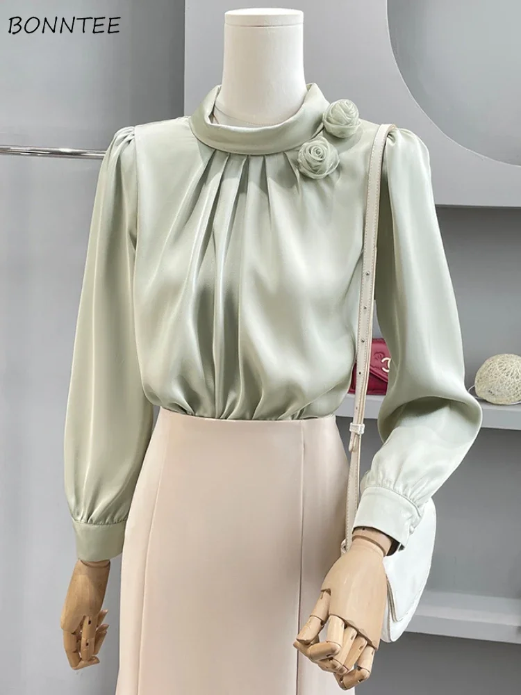 Green Blouse Women Temper Appliques Aesthetic Office Lady Tops Gentle French Fashion High Street Classic Literary Daily Females