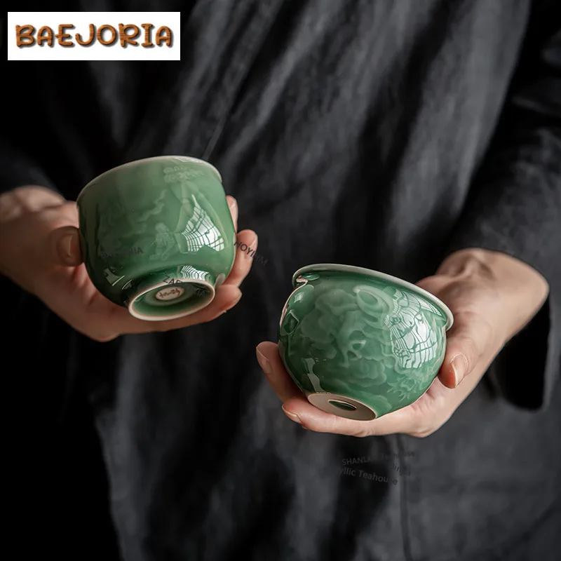 Celadon Shadow-carved Teacup Boutique Tea Bowl Tea Pair Tea-tasting Personal Cup Jianzhan Master Cups Green Tea Household Cha