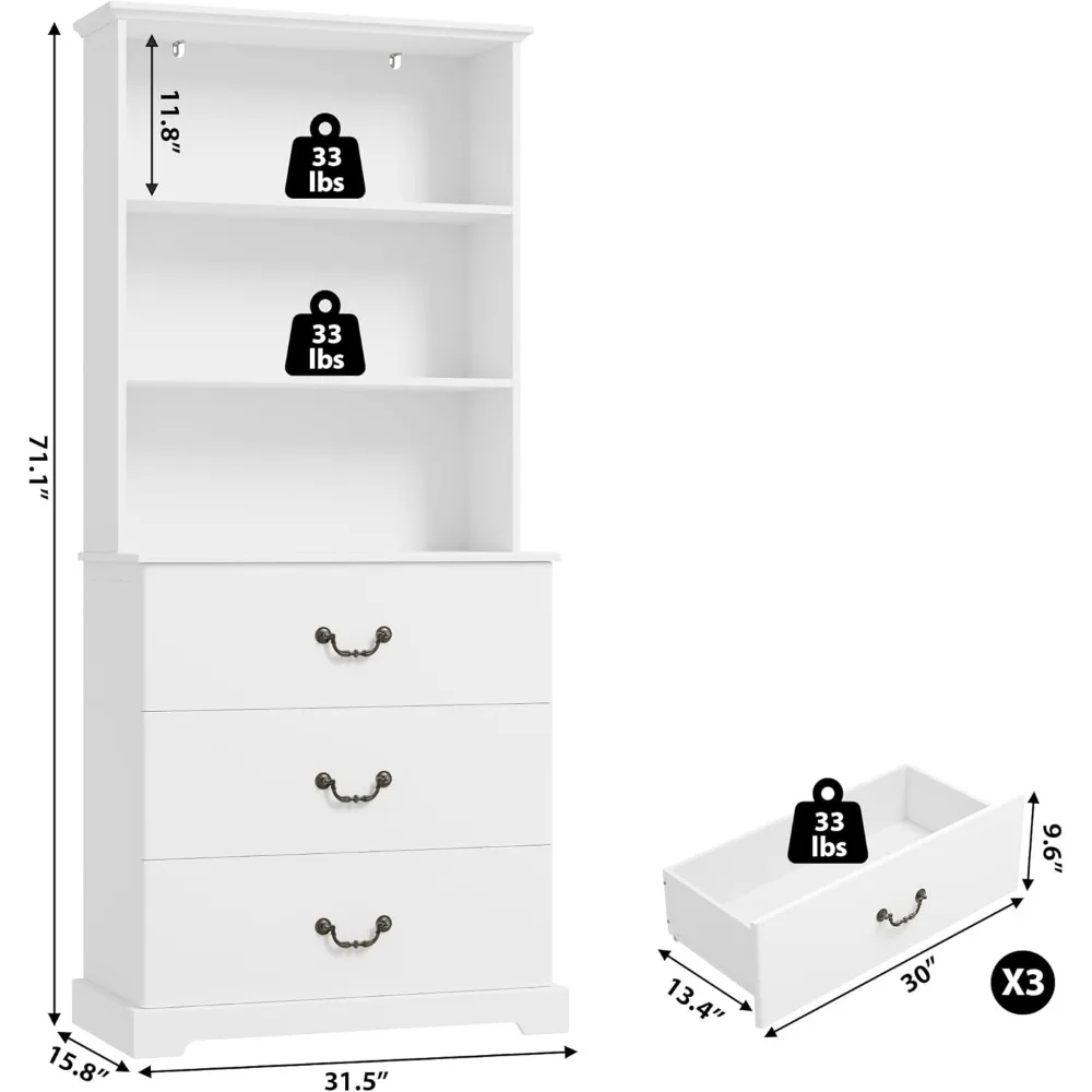رف كتب واسع باللون الأبيض 31.5 مع 3 أدراج كبيرة و3 أرفف مفتوحة، حل تخزين متعدد الاستخدامات للمكتب المنزلي أو غرفة المعيشة