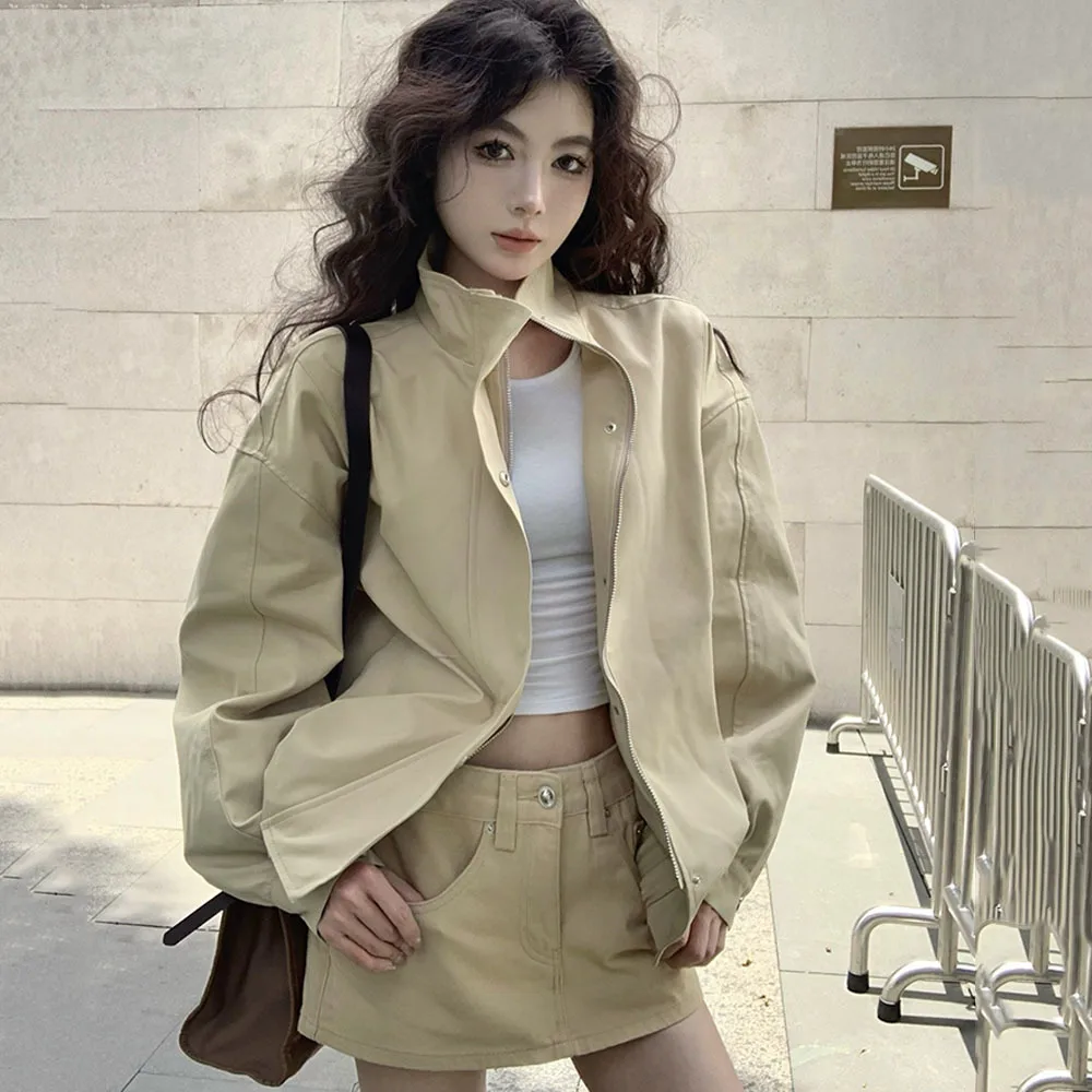 Streetwear White Jacket Women Y2K Long Sleeve Khaki Stand Collar Coat Autumn Korean Fashion Zipper Temperament Windbreak Tops