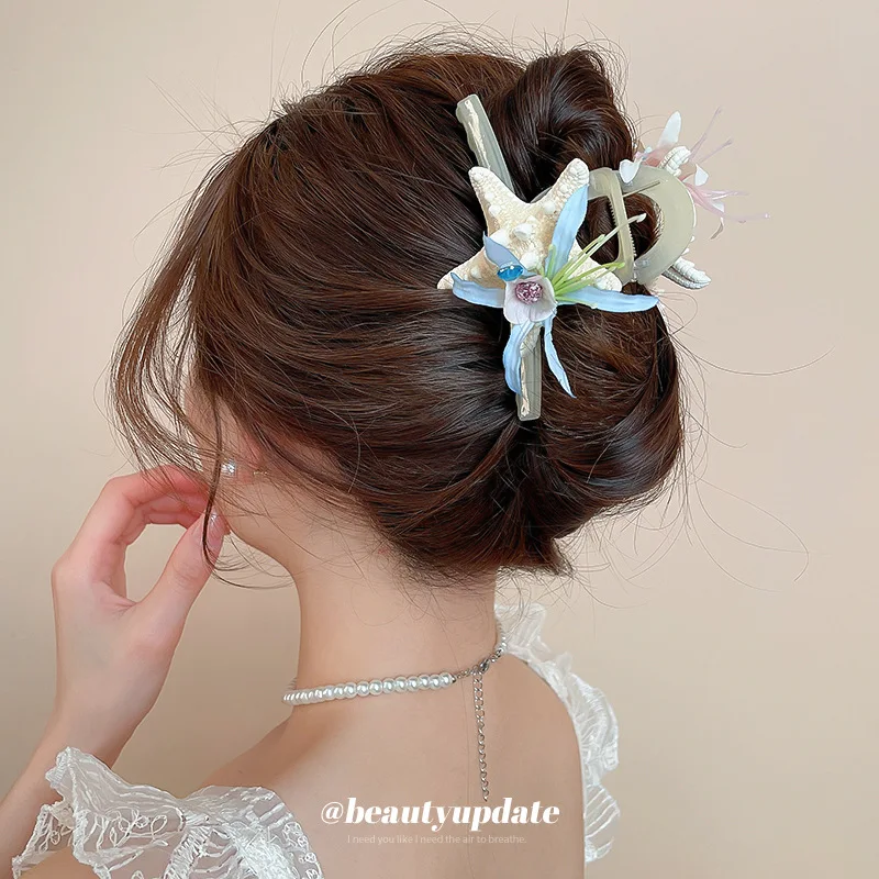 -مشبك شعر على شكل زهرة نجم البحر من القماش المرصع على شكل عطلة الشاطئ، صورة للسفر، إكسسوار شعر متعدد الاستخدامات