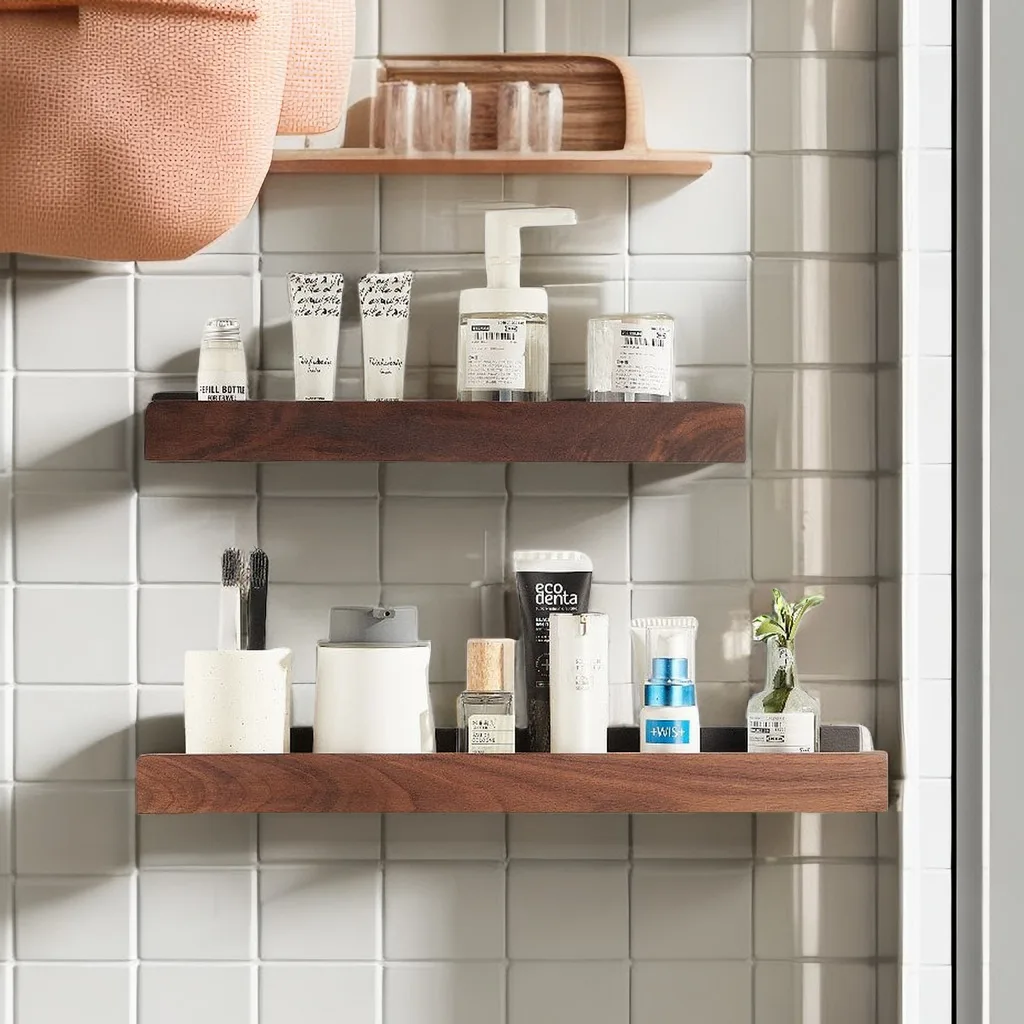 Bathroom rack，No punch bath storage rack，Wooden bathroom shelves ，Punch-Free Wooden Shelf Wall Shower shelves，Toilet Organizer