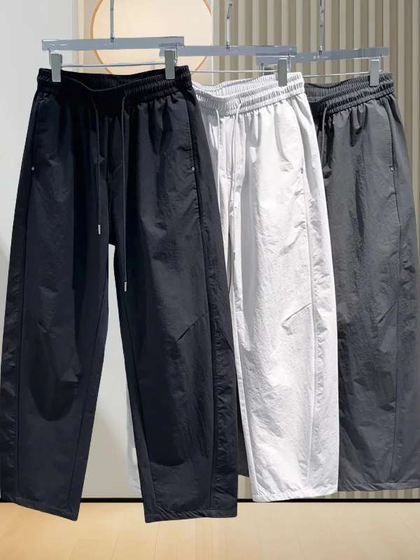 

Мужские повседневные брюки из ледяного шелка, летние, тонкие, быстросохнущие, охлаждающие, широкие, длинные, прямые, с высокой талией