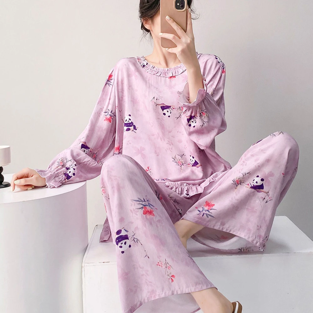 Women 100% Viscose Pajamas Casual Round Neck Panda Print Pijama Mujer Spring Summer Thin Long Sleeve Sleepwear Loose Loungewear
