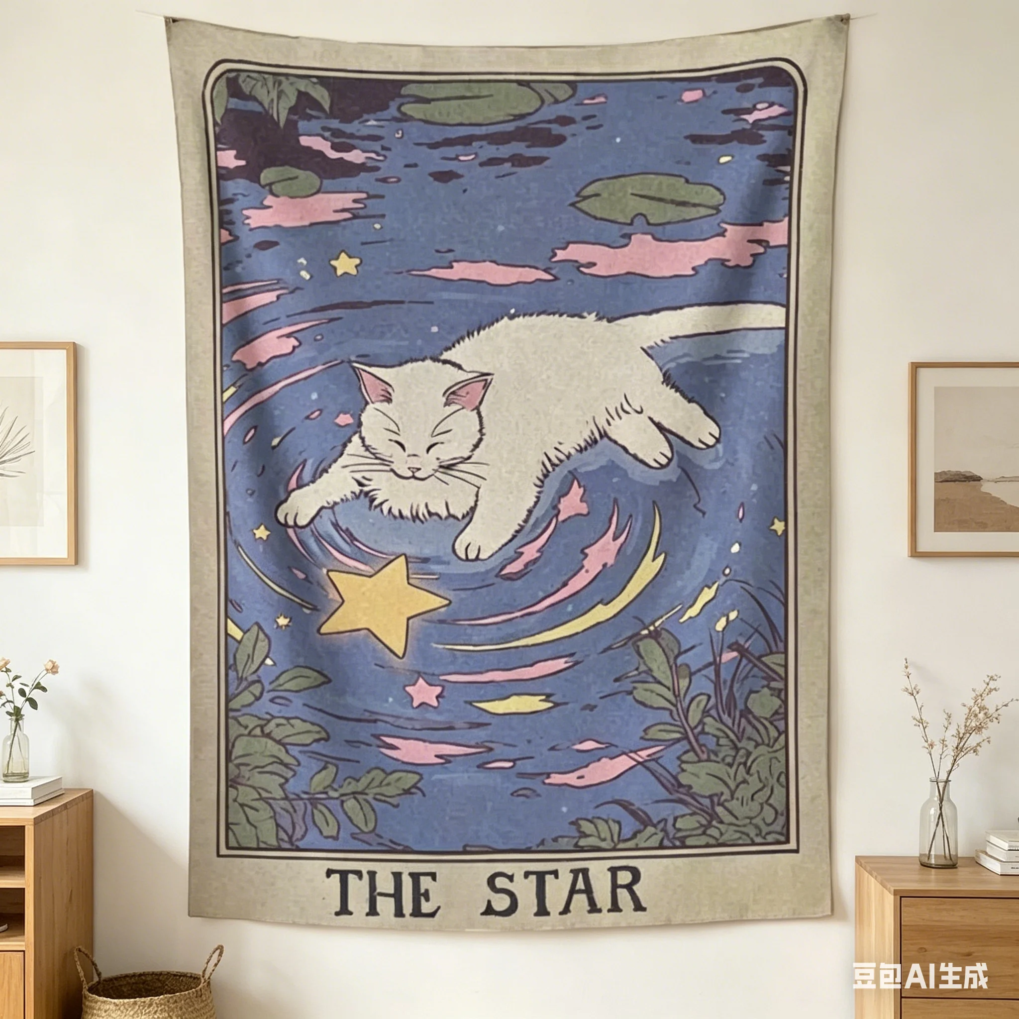 1pc The Star Cat Tarot Tapestry, Cute White Cat Wall Hanging, Cool Room Stuff, Large Size, Polyester 2D Print, Bedroom Stuff, Wi