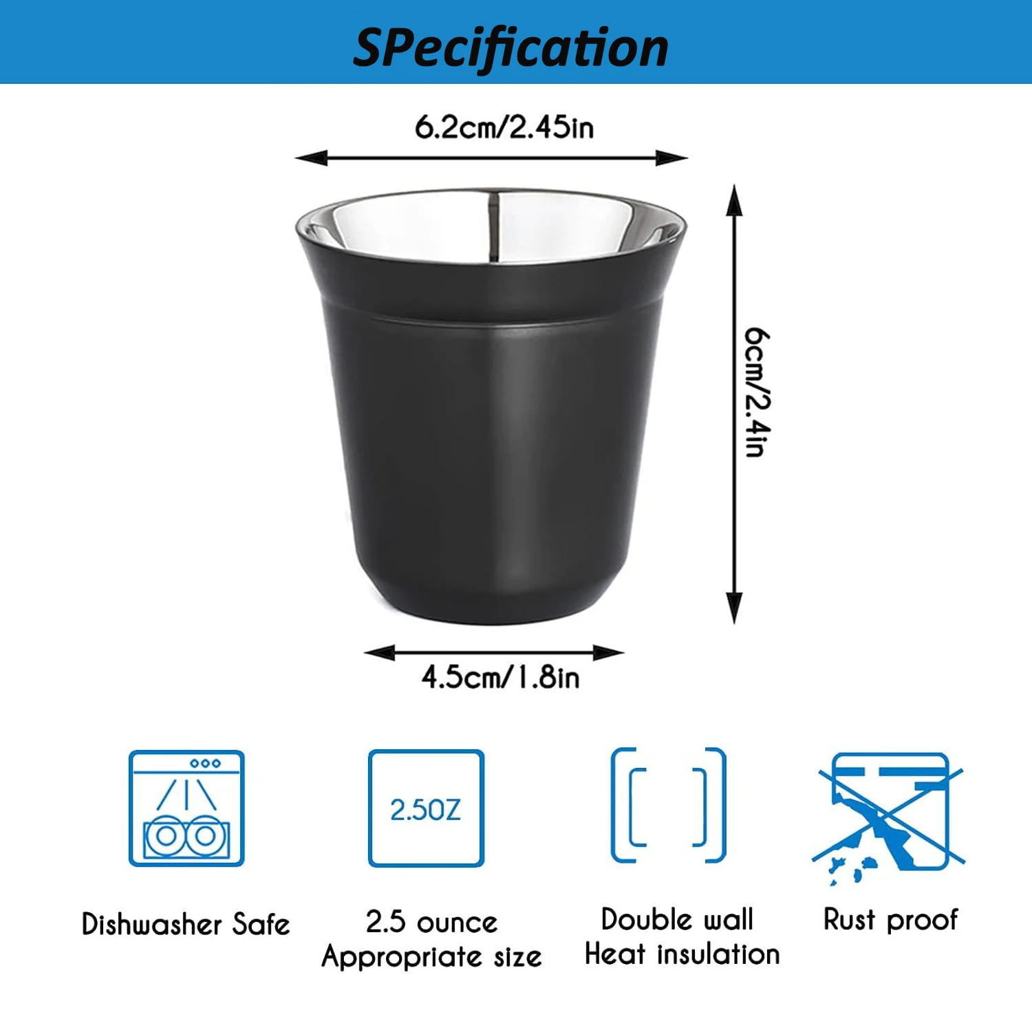 80ml/2.7oz 304 Stainless Steel Espresso Coffee Cup Portable Double Layer Office Milk Tea Drinks Mug Cup Mini Whisky Wine Glasses