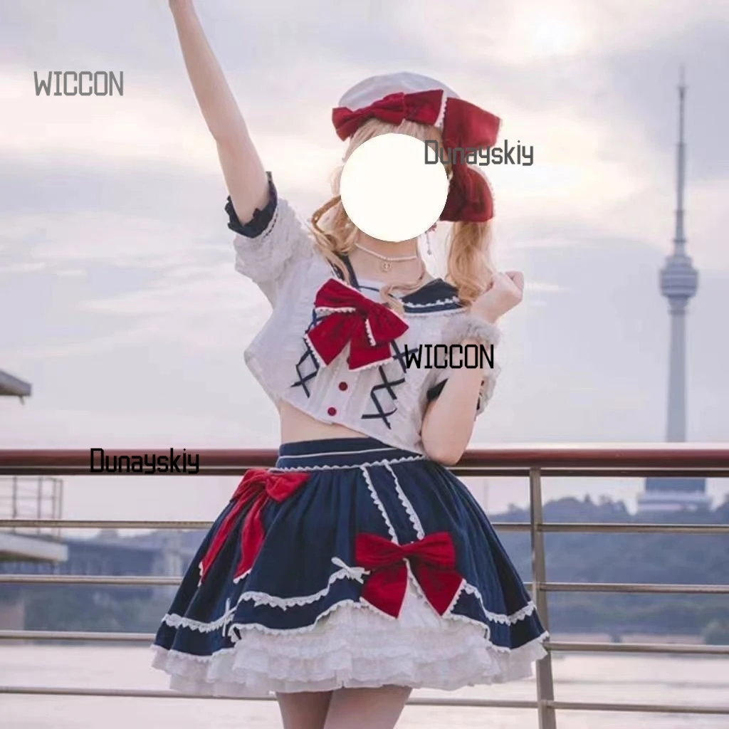 القوس ساكورا فساتين لوليتا حقيقية الصيف القطن قصير الأكمام JK لو تنورة مطوي كشكش حافة بحار دعوى OP فستان الأميرة