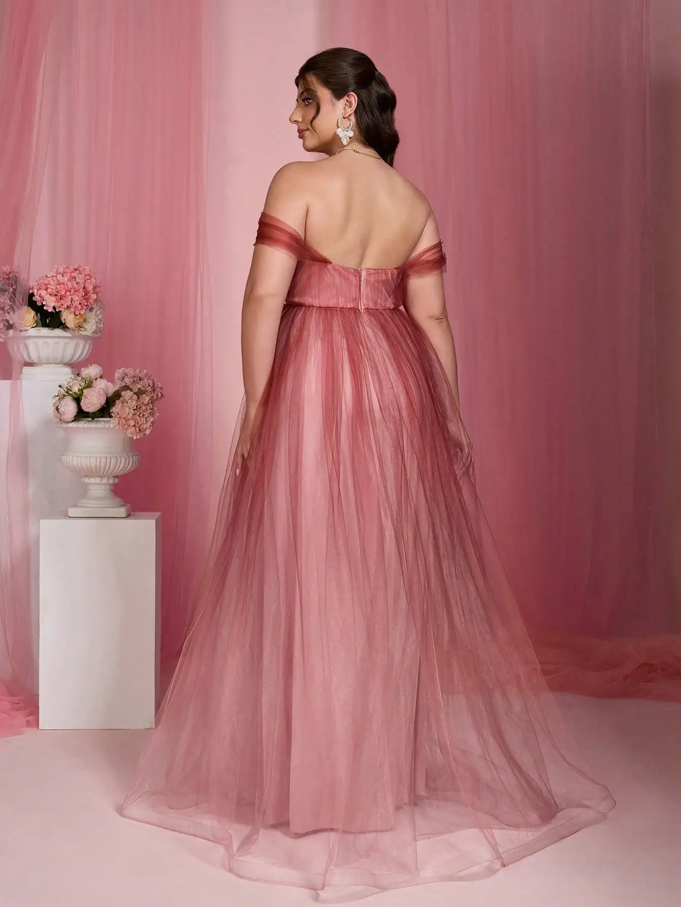 Mgiacyv-neck one-shoulder mid-waist floral tapered gradient mesh long skirt