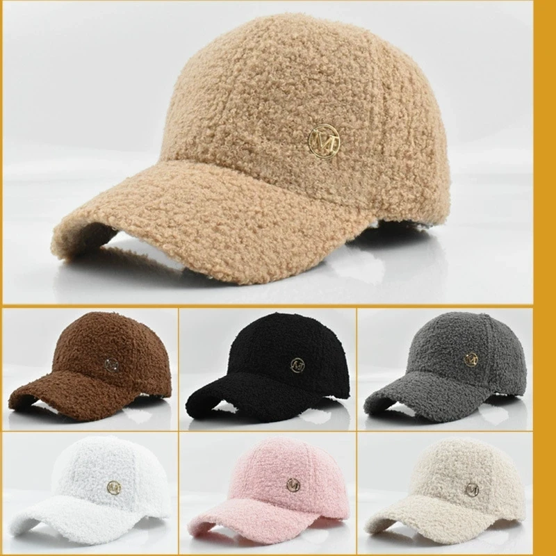 Winter-Baseballmütze aus einfarbiger M-Label-Lammwolle für Damen, warme, lässige, modische, vielseitige Plüsch-Entenschnabelmütze im Freien – Detail 2