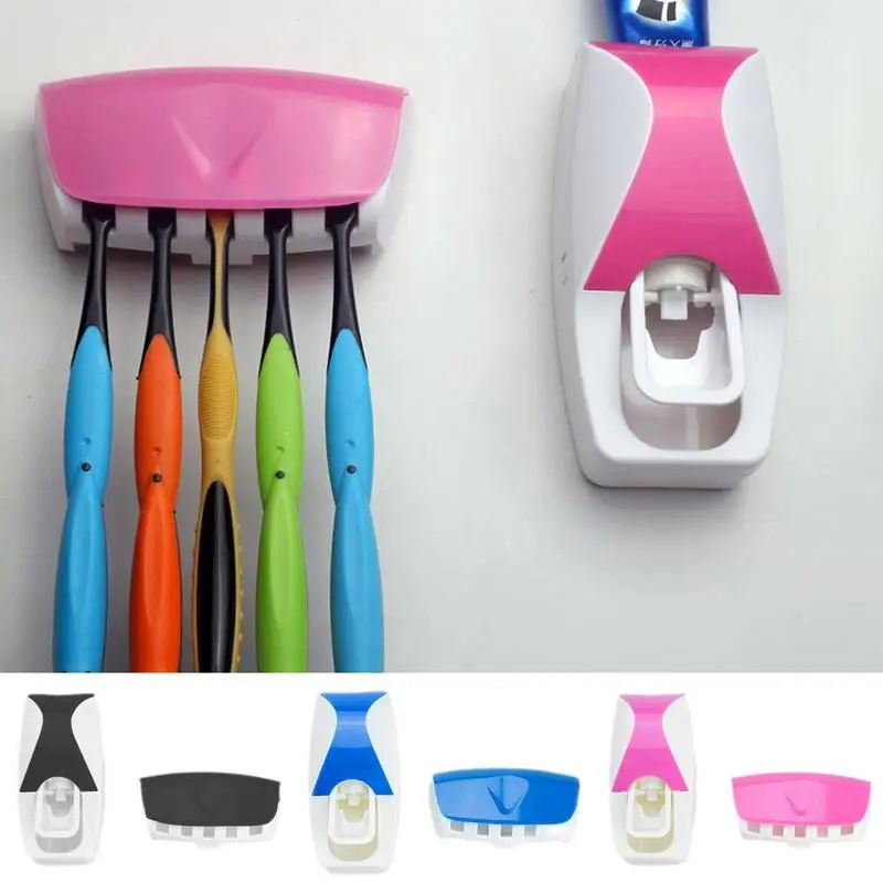 Toothpaste Dispenser 5 Slot Toothbrush Holder Set Automatic Toothpaste Dispenser Wall Mounted Bathroom Shelves Bath Accessories