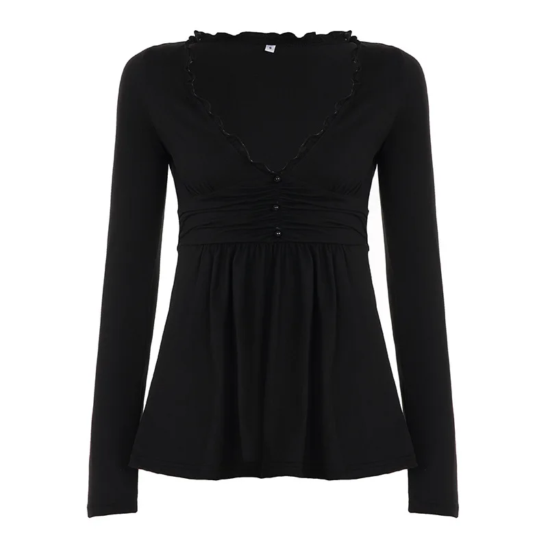 

Pure Desire Wind Lace Mushroom Edge Splicing Long Sleeve T-shirt Spicy Girl Sexy Low Cut V-neck Doll Top