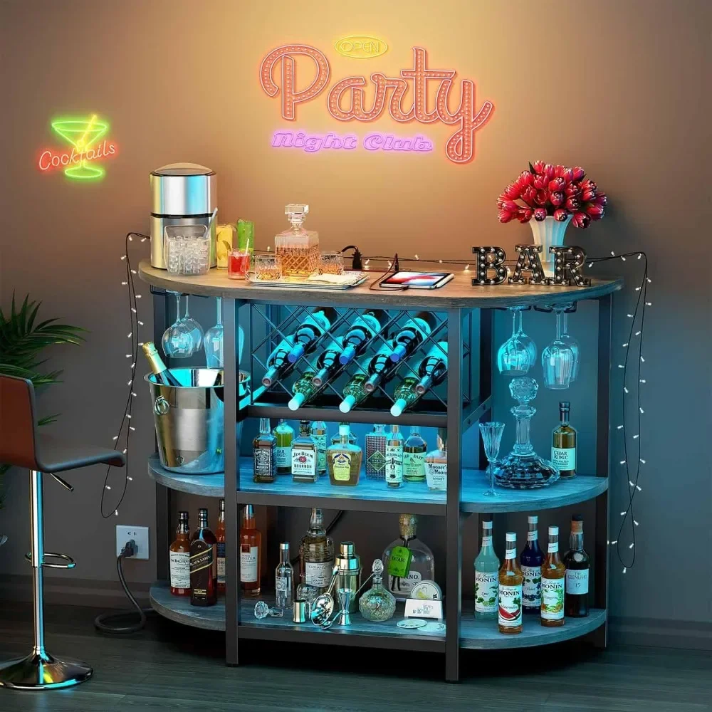 Bar Table Cabinet With Power Outlet, LED Home Mini Bar Cabinet For Liquor, Metal Wine Bar Stand With 4-Tier Storage