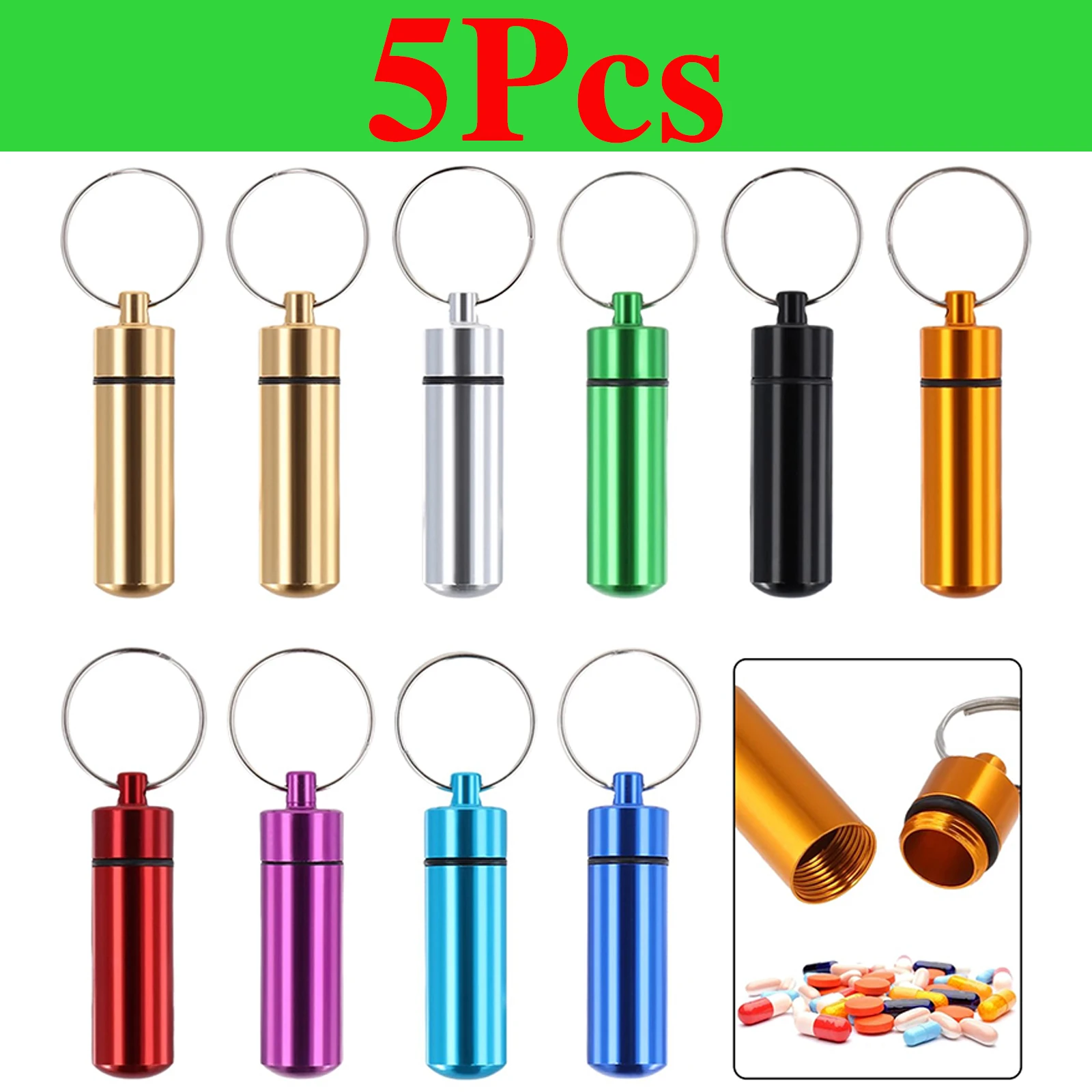 5Pcs/lot Pillbox Keychain Pill Box WaterProof Aluminum Drug Pill Cases Bottle Holder Container