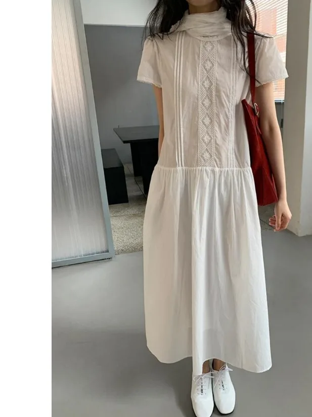 

Элегантное романтическое кружевное белое длинное платье с круглым вырезом, женское летнее модное платье с пышной юбкой в корейском стиле, платье принцессы