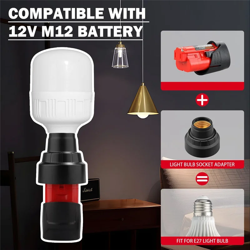 

ABAH-E27 Bulb Socket Adapter With 12V/12W 1300LM E27 Screw LED Light Bulbs LED Work Light For 12V M12 Battery