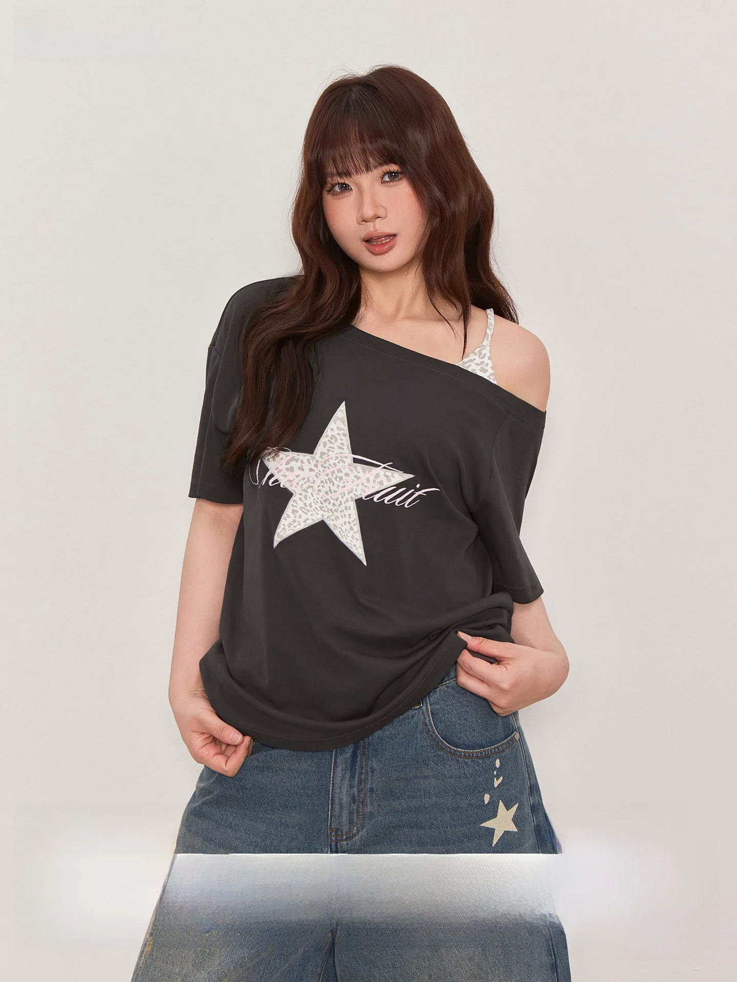 

Casual Embroidered Short Sleeve T-Shirt Women's Loose Fit Shoulder Baring Top Summer Chic Fruit plus Size Letter Stitching Sl...