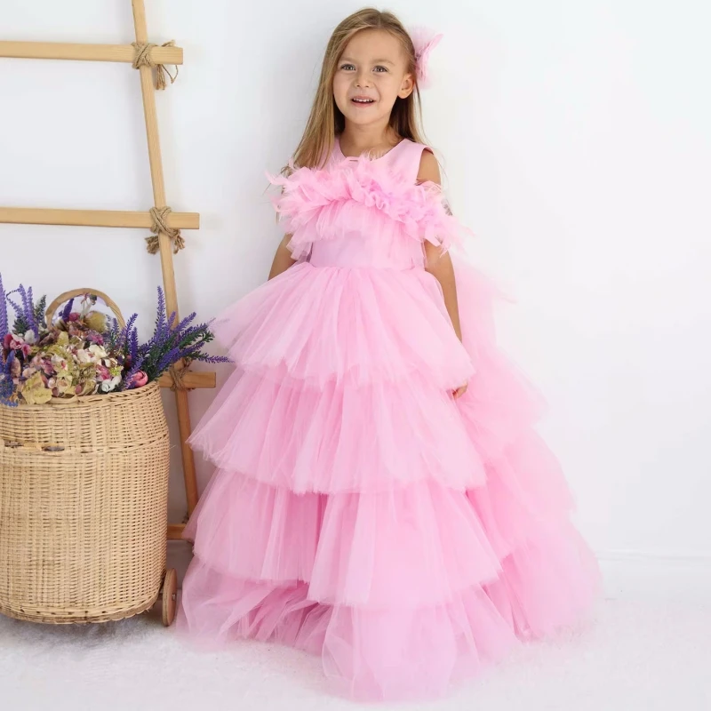 Vestidos florais rosa personalizados para meninas, vestidos de tule em camadas sem mangas para casamento, aniversário, banquete, baile, comunhão sagrada