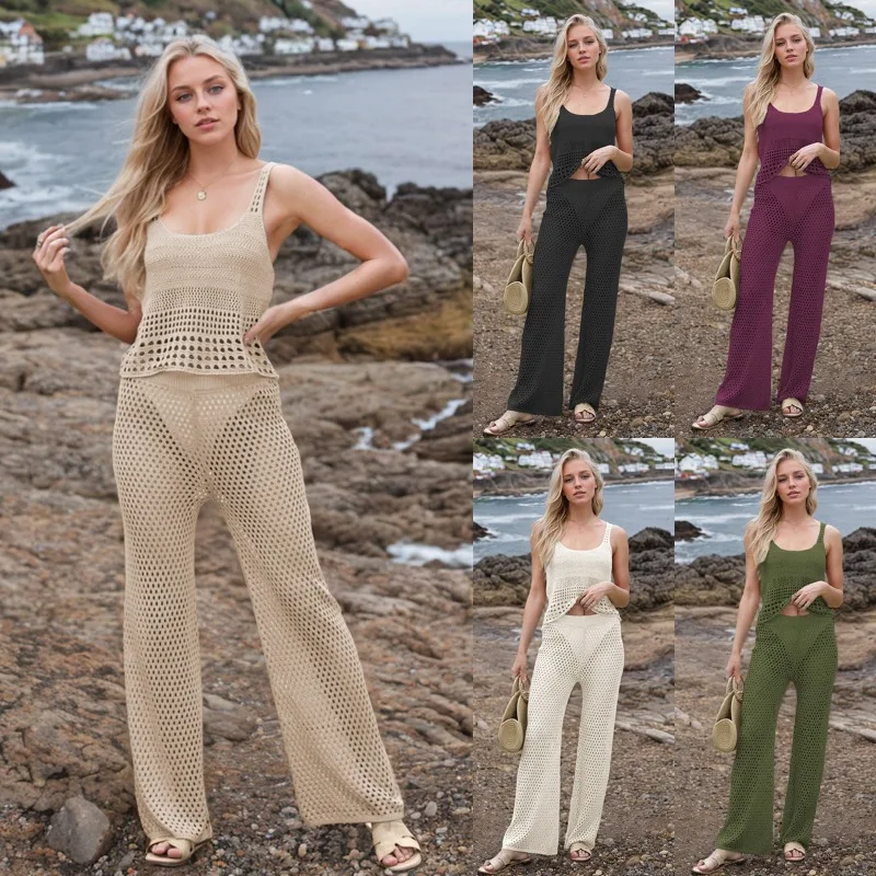

Summer New Women's Knit Crop Top & Beach Vest Set Trendy Two-Piece Outfit for Women Hot Selling Casual Y2K Fashion