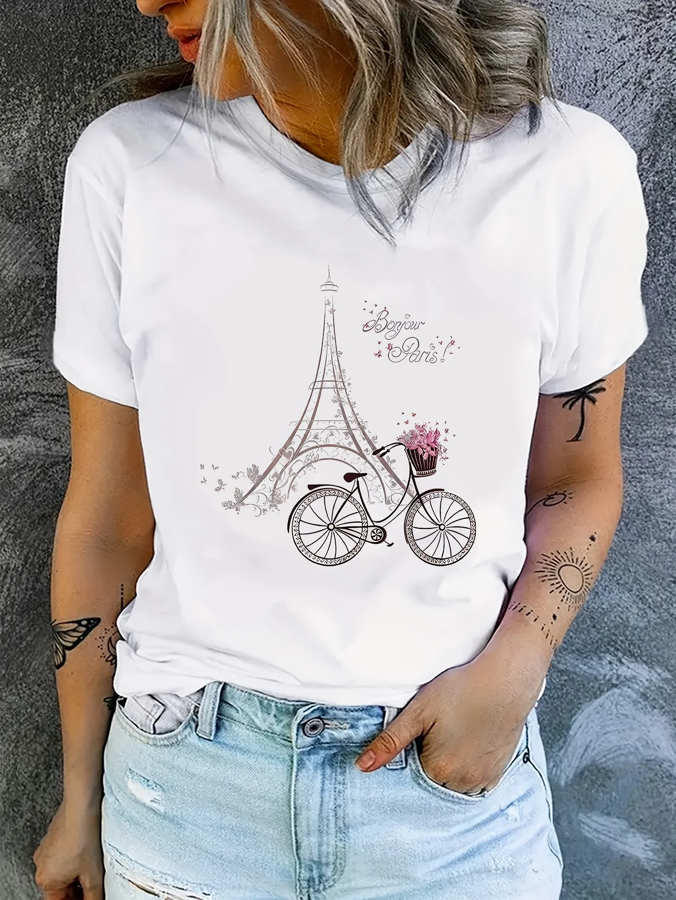 

Vibrant Paris Print Short Sleeve Crew Neck T-Shirt Soft Breathable Relaxed Fit Casual Summer Womens Clothing Outdoor Activities