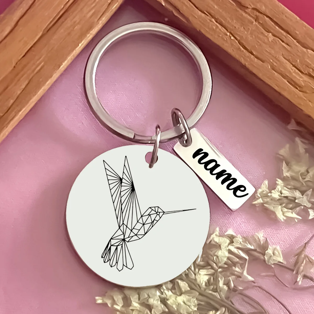 Personalized Geometric Hummingbird Keychain, Unique Gift