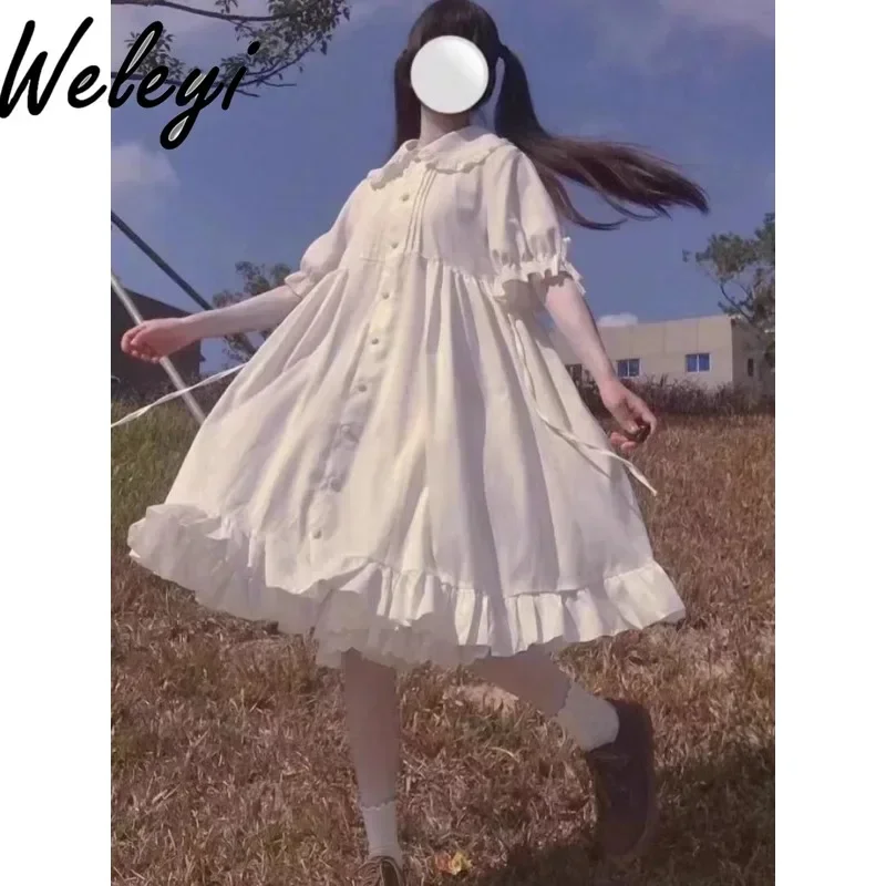 

Japanese Fashion Soft Girl Dress Spring and Autumn New in Cute Sweet Girl Doll Collar College Style White A Princess Midi Kleid