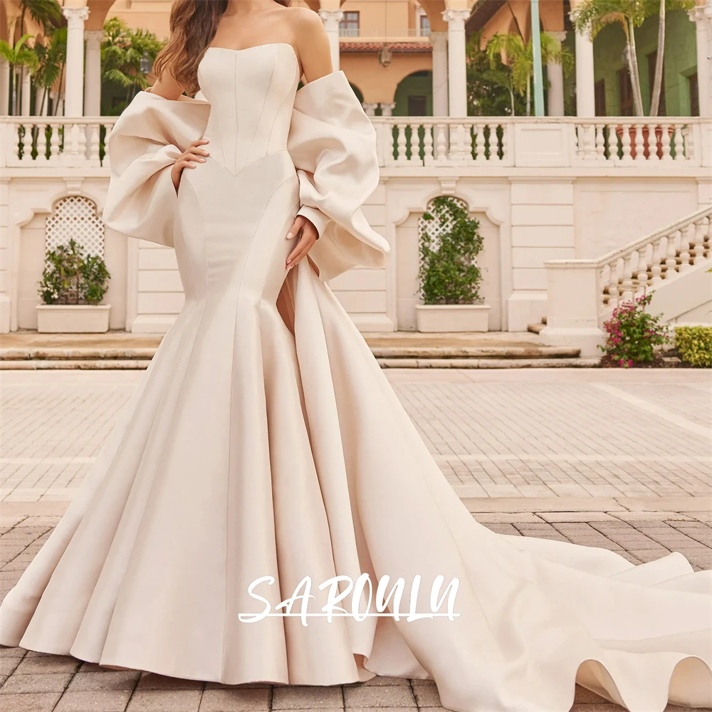 Robe de mariée élégante en Satin avec épaule à nœud, robe de mariée Simple et Chic, Corset sans bretelles, robes de mariée personnalisées pour femmes