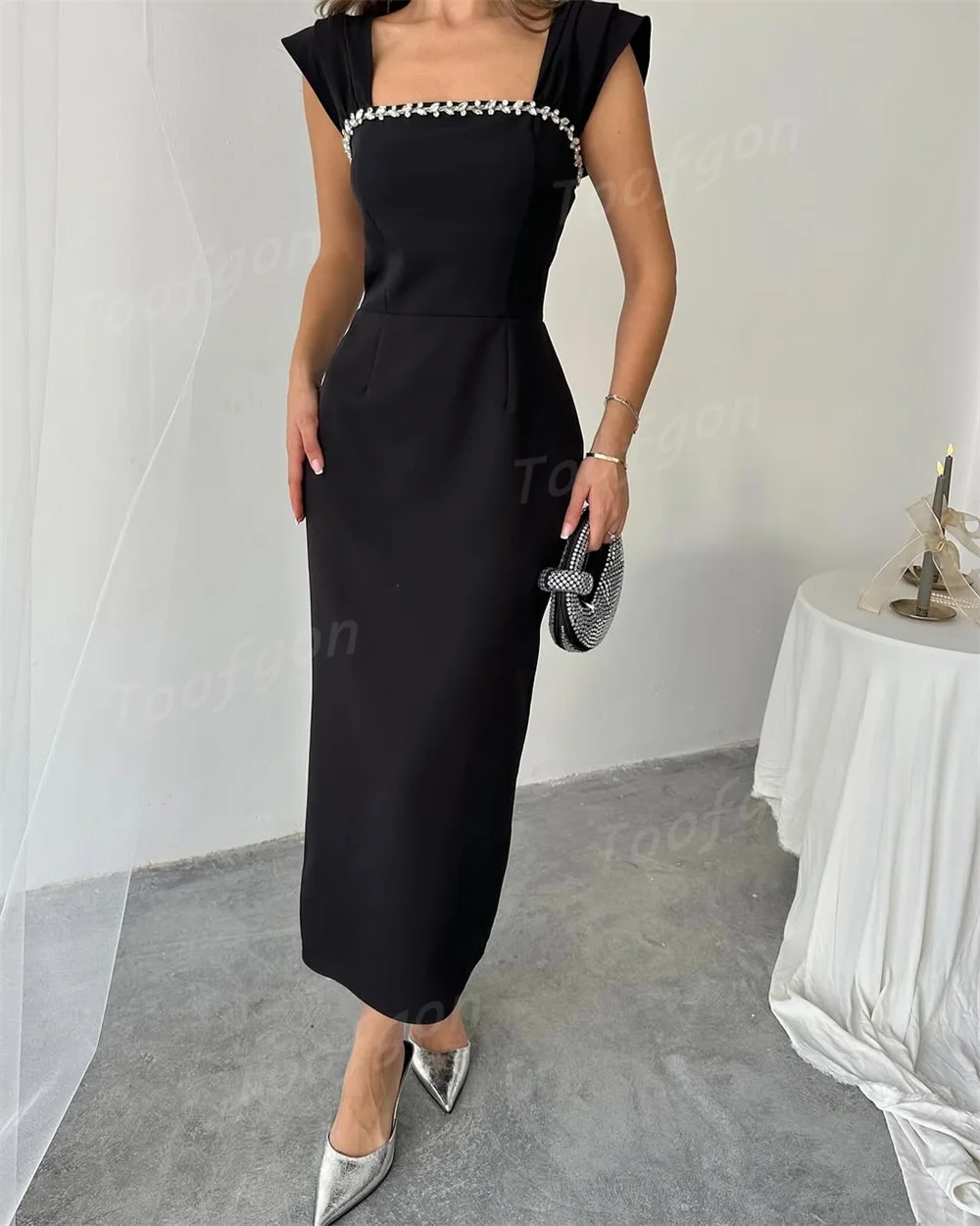 Toofgon Sexy Beaded Square Mermaid Prom Dresses Customized Wide Strap Women Formal Party Dresses Slit Wedding Engagement Gown