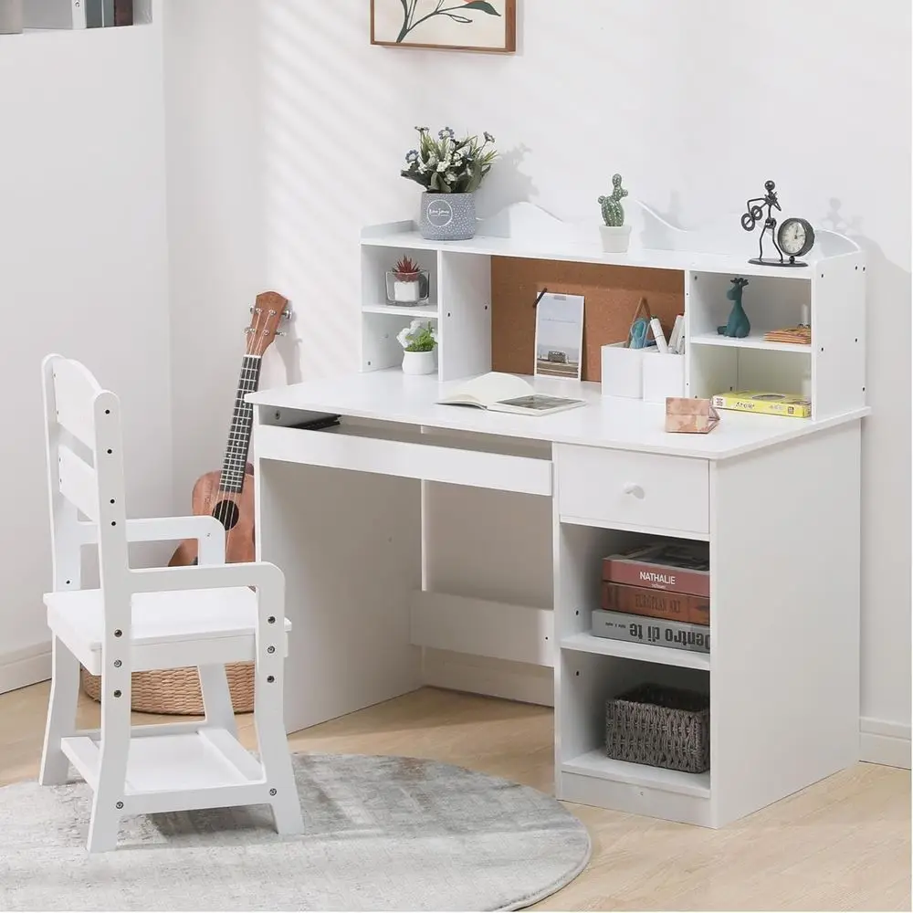 

Height-Adjustable White Wooden Kids Desk and Chair Set with Drawers and Storage for Ages 5-12
