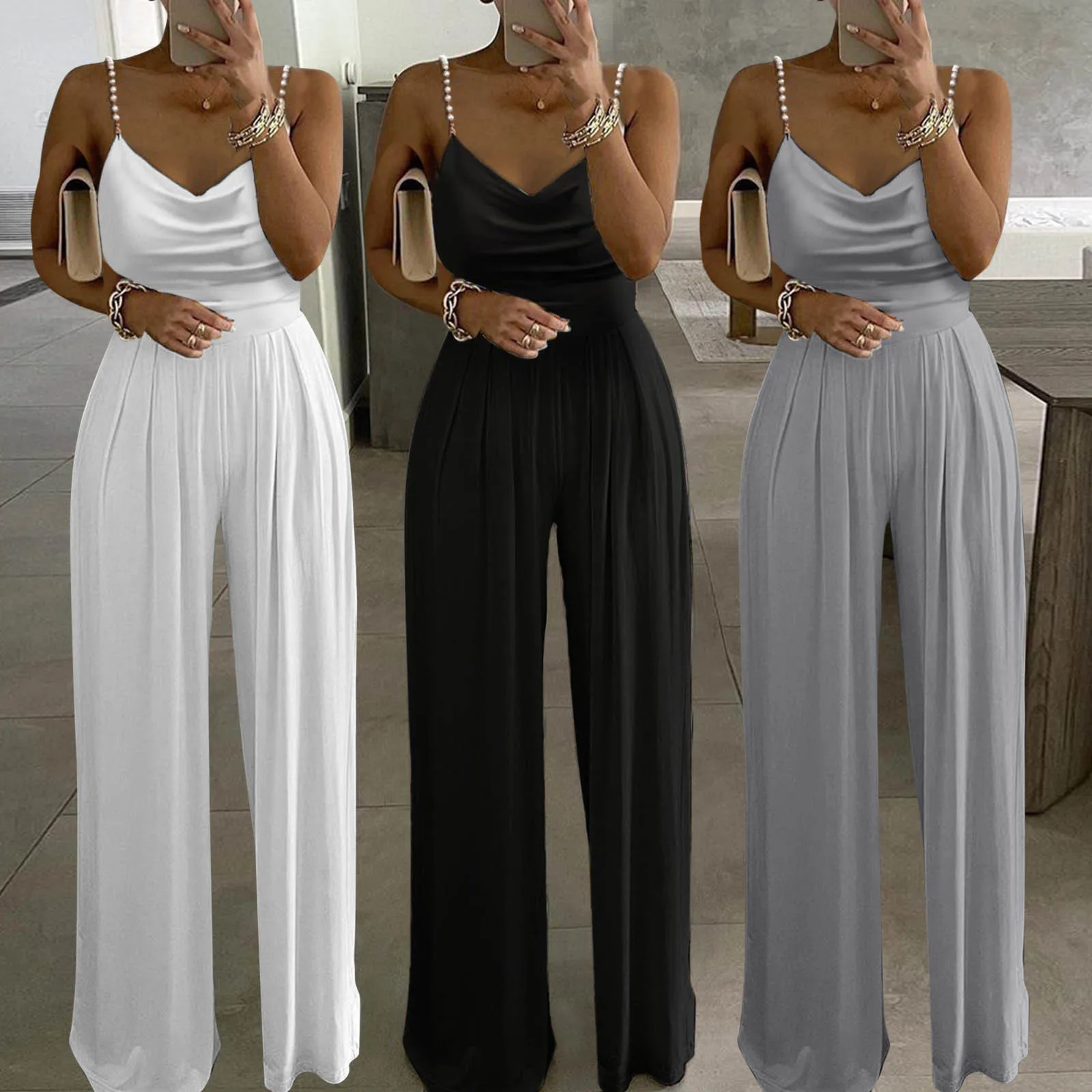 Elegant Jumpsuits Woman Party Clothing Sexy Sleeveless Pearl Sling Rompers 2023 Wide Leg Overalls