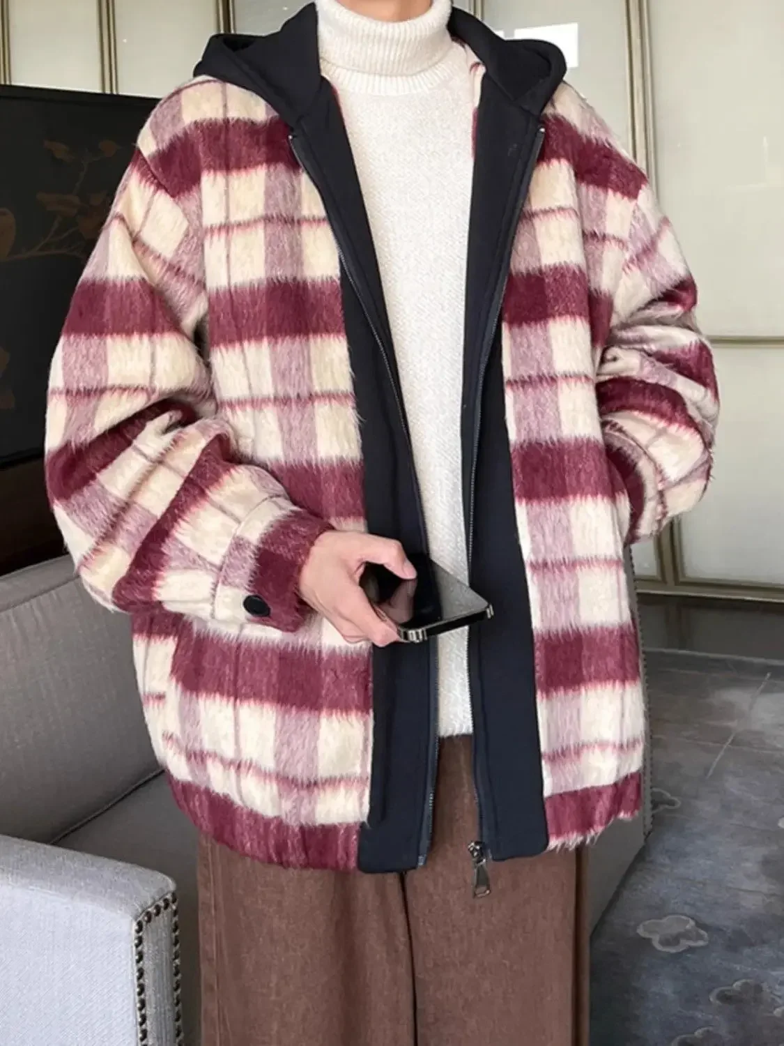 Luxury Autumn Winter Jackets Hooded Zipper Coat Fake Two Pieces Windbreaker Loose Plaid Outerwear Design Brand Men Clothes Trend