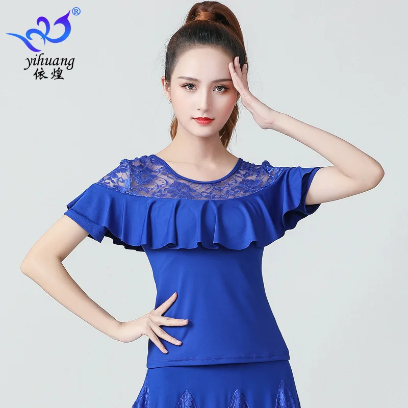 

1 шт./лот, женский модный топ для бальных танцев, вальса, женский кружевной топ с оборками и короткими рукавами, танцевальный топ, летние танцевальные костюмы