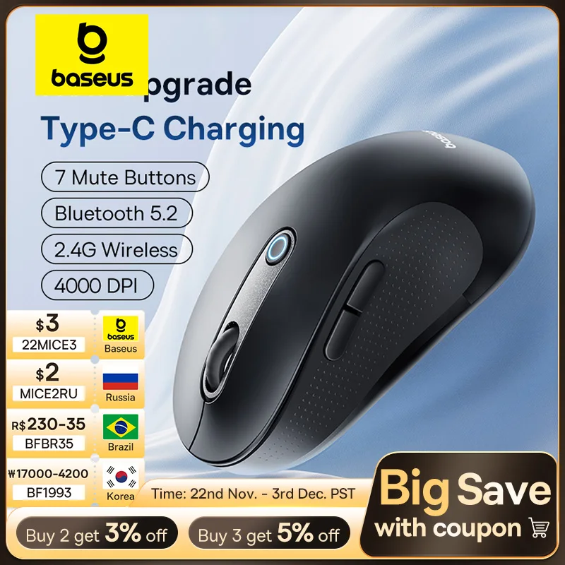 【New Upgrade】Baseus Rechargeable Wireless Mouse Type-C Charging Bluetooth 5.2 4000 DPI Computer Laptop Mute Mice Ergonomic Mouse