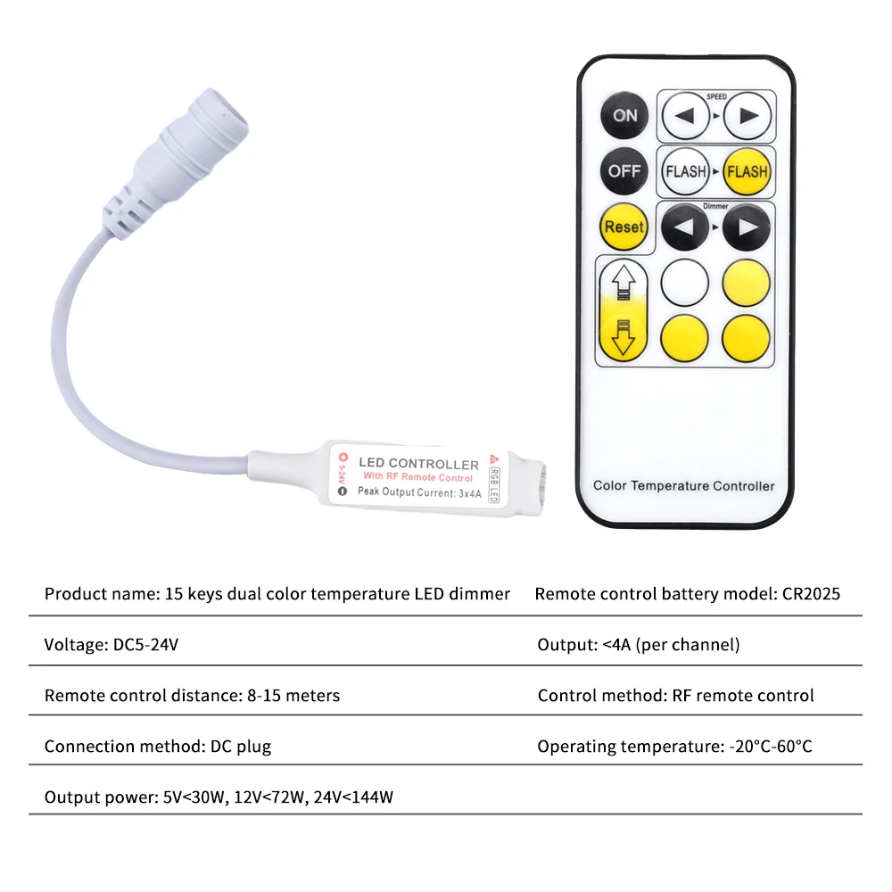 Minicontrolador RF de DC5-24V, controlador de atenuación LED de dos colores, 15 teclas