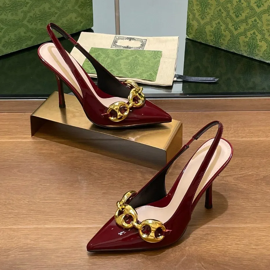 

Designer Brand New Pointed Metal Decorative Buckle Simple Style Dress Shoes Patent Leather Stiletto Heel Workplace Women Sandals