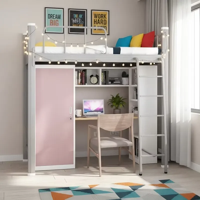 Metal Bunk Bed Twin Size Steel Loft Bed Frame with Desk Wardrobe High Sleeper for Kids Adults